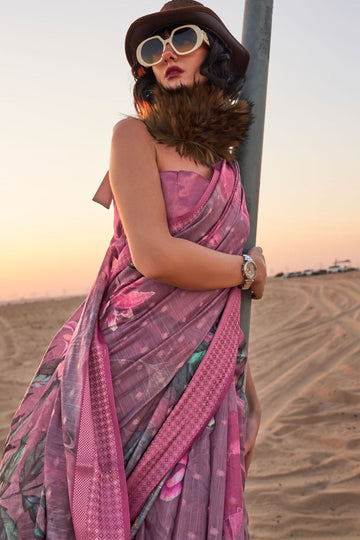 Mauve Pink Digital Print Linen Saree for Festival