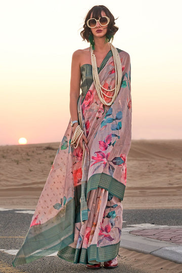 Ash Grey Digital Print Linen Saree for Festival