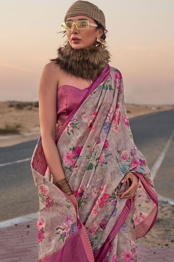 Dusty Grey and Peach Digital Print Linen Saree for Festival