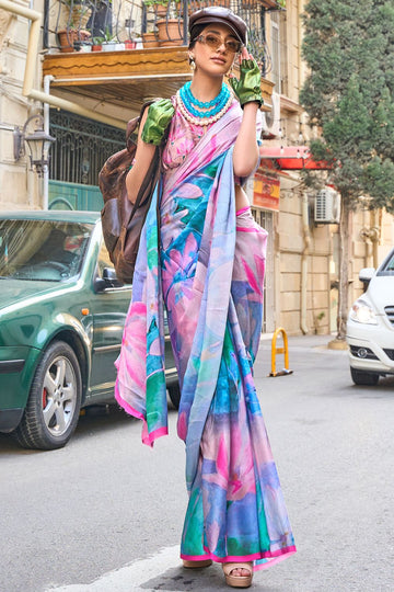 Multicolor Printed Pure Satin Georgette Party Wear Saree