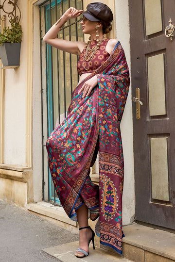 Maroon Printed Pure Satin Georgette Party Wear Saree