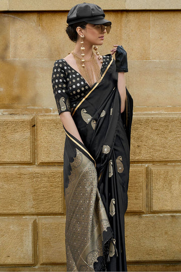 Black Pure Handloom Weaving Satin Silk Party Wear Saree