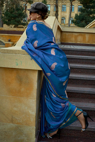 Cobalt Blue Pure Handloom Weaving Satin Silk Party Wear Saree