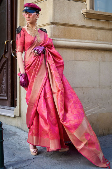 Hot Pink Woven Handloom Organza Saree for Party