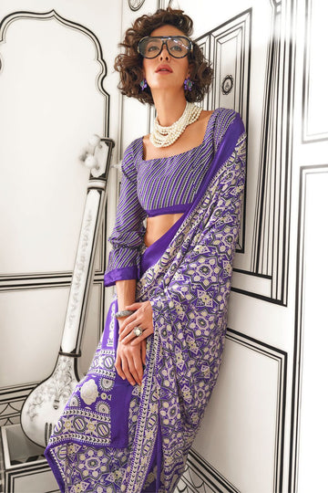 Purple Satin Crepe Digital Printed Casual Wear Saree