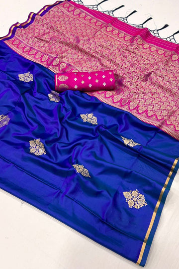 Royal Blue Handloom Weaving Satin Saree for Party