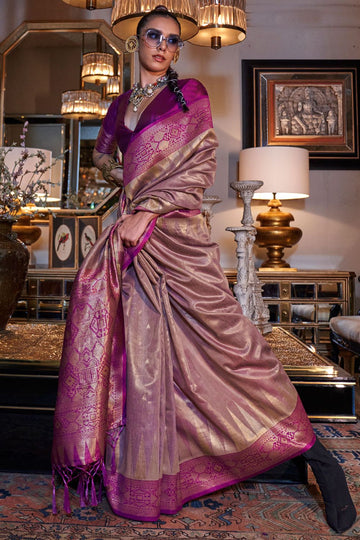 Old Rose Handwoven Zari Tissue Silk Saree