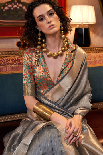 Stone Grey Woven Moss Chiffon Party Wear Saree