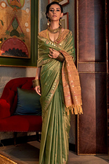 Olive Green Handloom Weaving Tussar Silk Saree for Festival