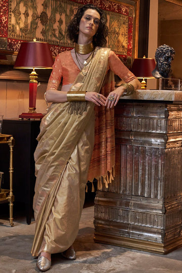 Khaki Handloom Weaving Tussar Silk Saree for Festival