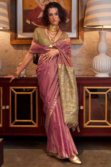 Onion Pink Handloom Weaving Tussar Silk Saree for Festival