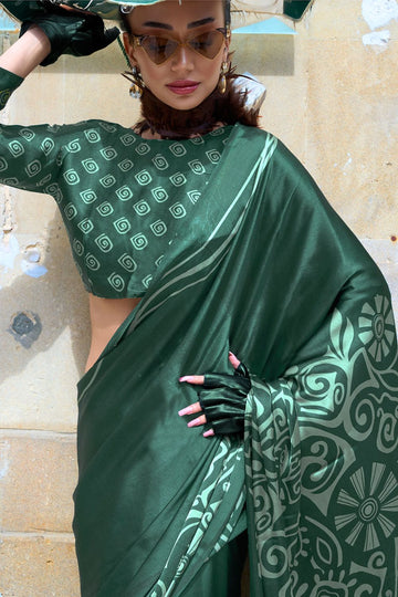 Bottle Green Digital Print Satin Crepe Saree for Party