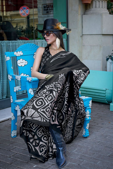 Black Digital Print Satin Crepe Saree for Party