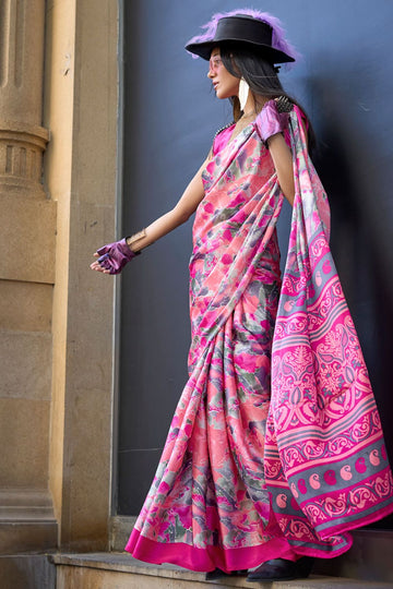 Multicolor Digital Print Satin Crepe Saree for Party