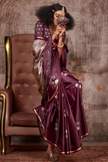 Burgundy Weaving Work Pure Satin Silk Saree