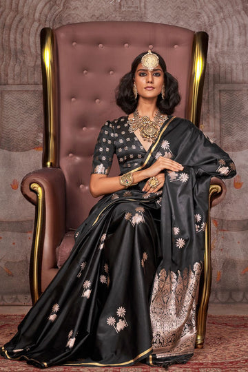 Black Weaving Work Pure Satin Silk Saree