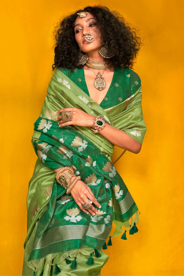 Pistachio Green Woven Handloom Tussar Silk Saree