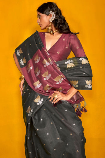 Black Woven Handloom Tussar Silk Saree