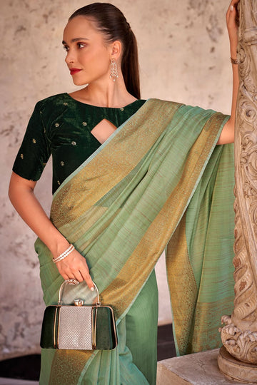 Pistachio Green Exclusive Partywear Linen Saree with Double Blouse