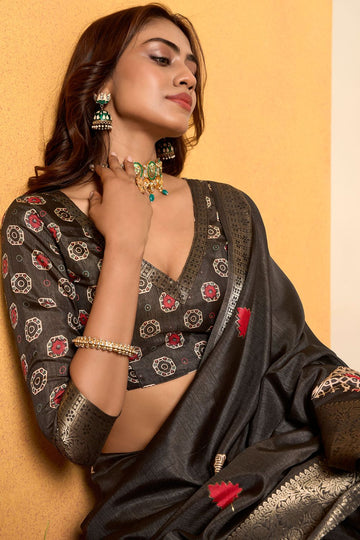 Dusty Black Dola Silk Saree for Festival