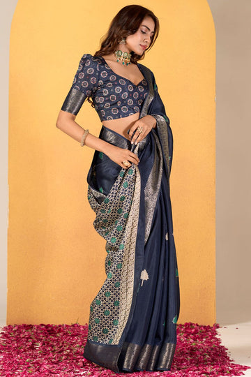 Midnight Blue Dola Silk Saree for Festival