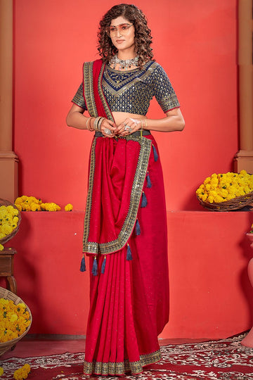 Cherry Red Silk Saree with Embroidered Border