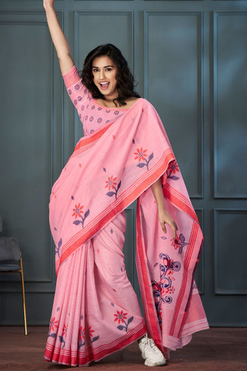 Carnation Pink Linen Handloom Weaving Saree