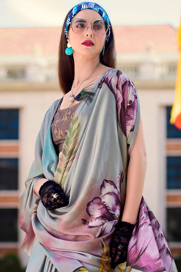 Grey Abstract Print Satin Crepe Saree