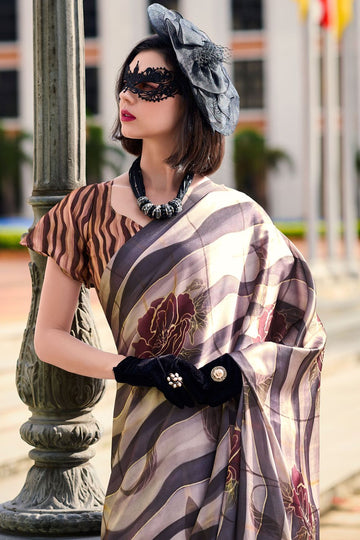 Blush Beige and Black Abstract Print Satin Crepe Saree