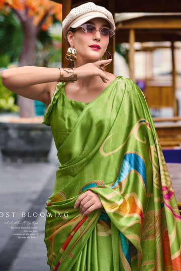 Parrot Green Abstract Print Satin Crepe Saree