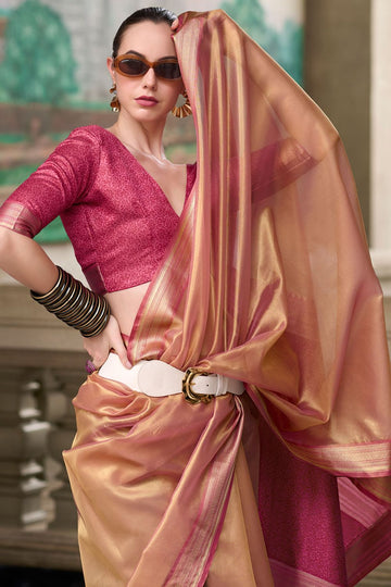 Dusty Apricot Tissue Silk Weaving Work Saree