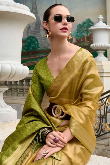 Dusty Yellow Tissue Silk Weaving Work Saree