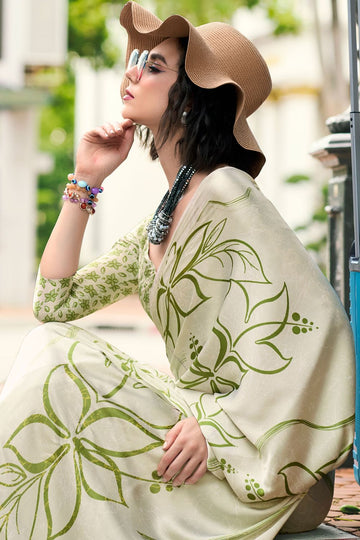 Pastel Green Digital Print Satin Saree