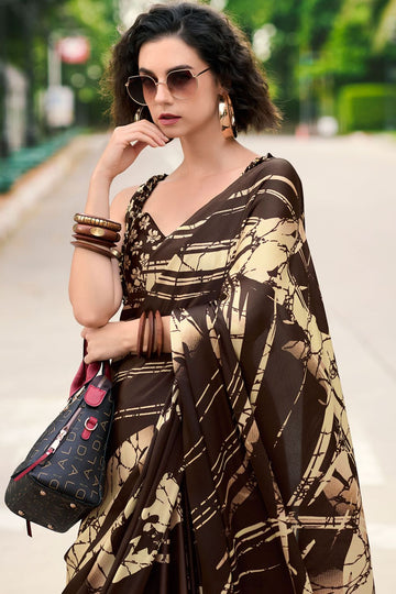 Coffee Brown Digital Print Satin Saree