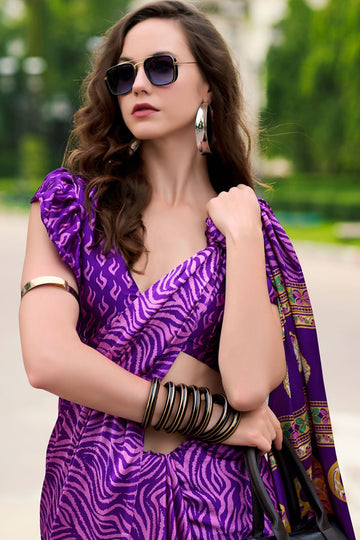 Purple Digital Print Satin Saree