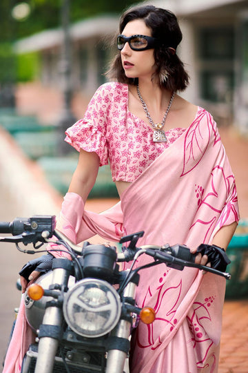 Blush Pink Digital Print Satin Saree