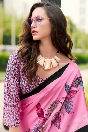 Rose Pink Digital Print Satin Saree