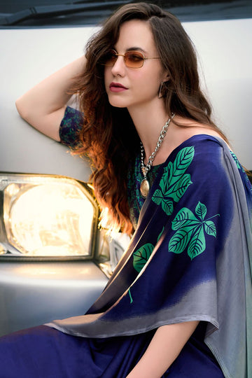 Ink Blue and Grey Digital Print Satin Saree