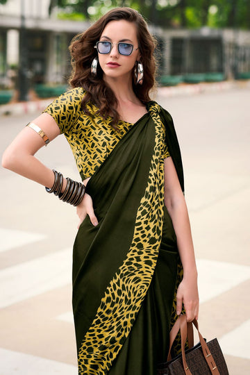 Mehendi Green Digital Print Satin Saree