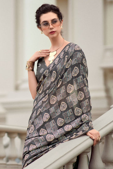 Dusty Grey Pure Mal Mal Silk Printed Saree