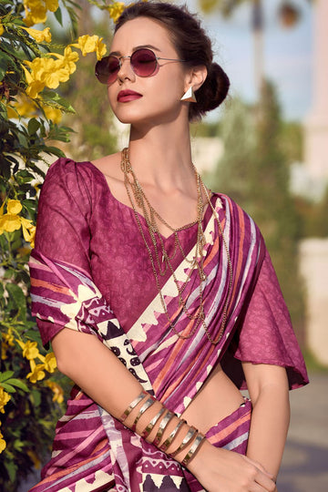 Magenta Pure Mal Mal Silk Printed Saree