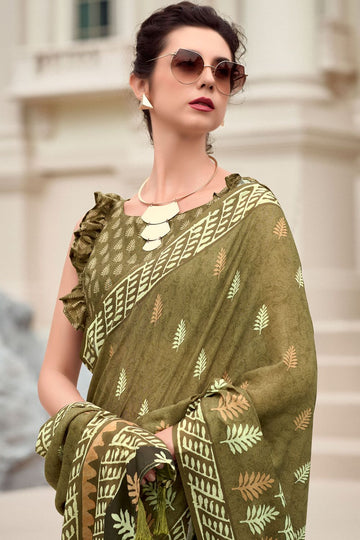 Mehendi Green Pure Mal Mal Silk Printed Saree