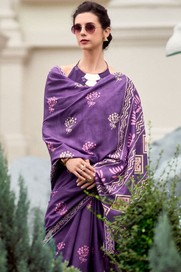 Purple Pure Mal Mal Silk Printed Saree