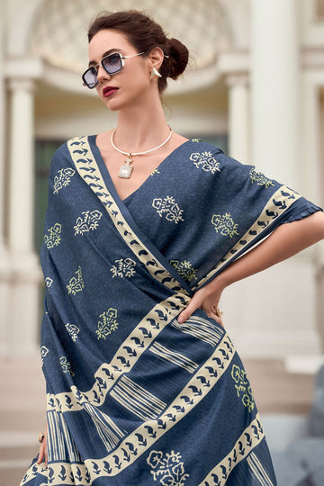 Slate Grey Pure Mal Mal Silk Printed Saree