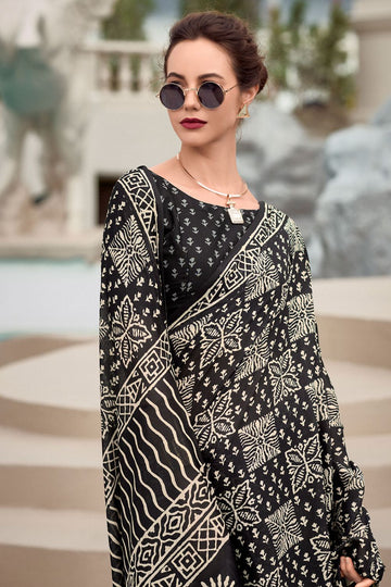 Black Pure Mal Mal Silk Printed Saree