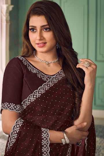 Coffee Brown Swarovski Embellished Chiffon Saree for Party