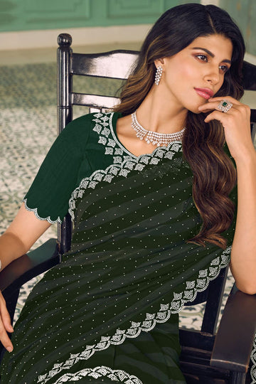 Pine Green Swarovski Embellished Chiffon Saree for Party