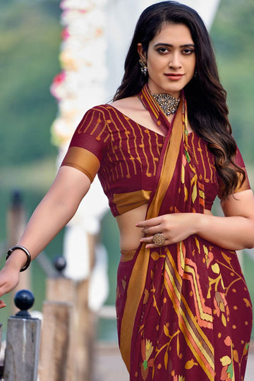 Maroon Printed Casual Wear Chiffon Saree