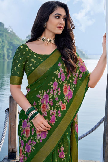 Olive Green Printed Casual Wear Chiffon Saree