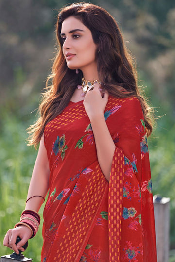 Rust Red Printed Casual Wear Chiffon Saree